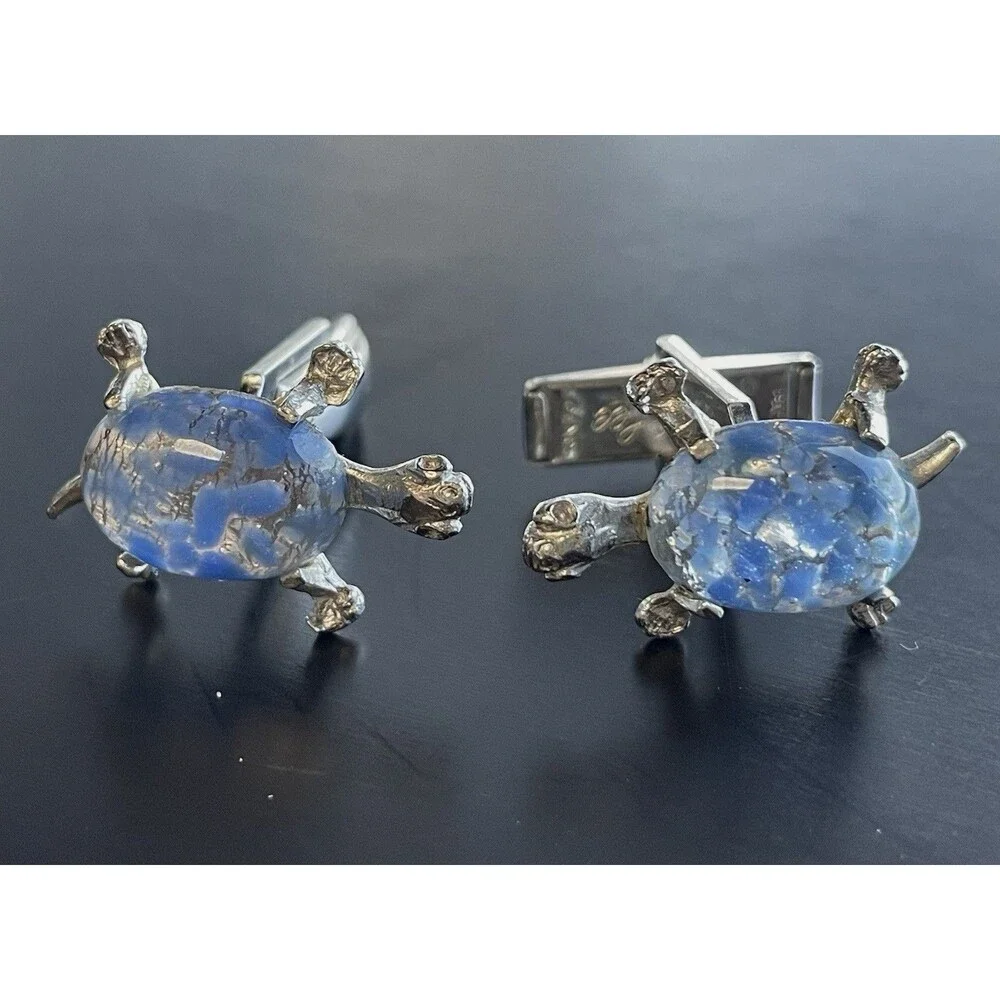 Vintage Judy Lee Cuff Links Blue Glass Domes Turtles Tortoise Silver Tone